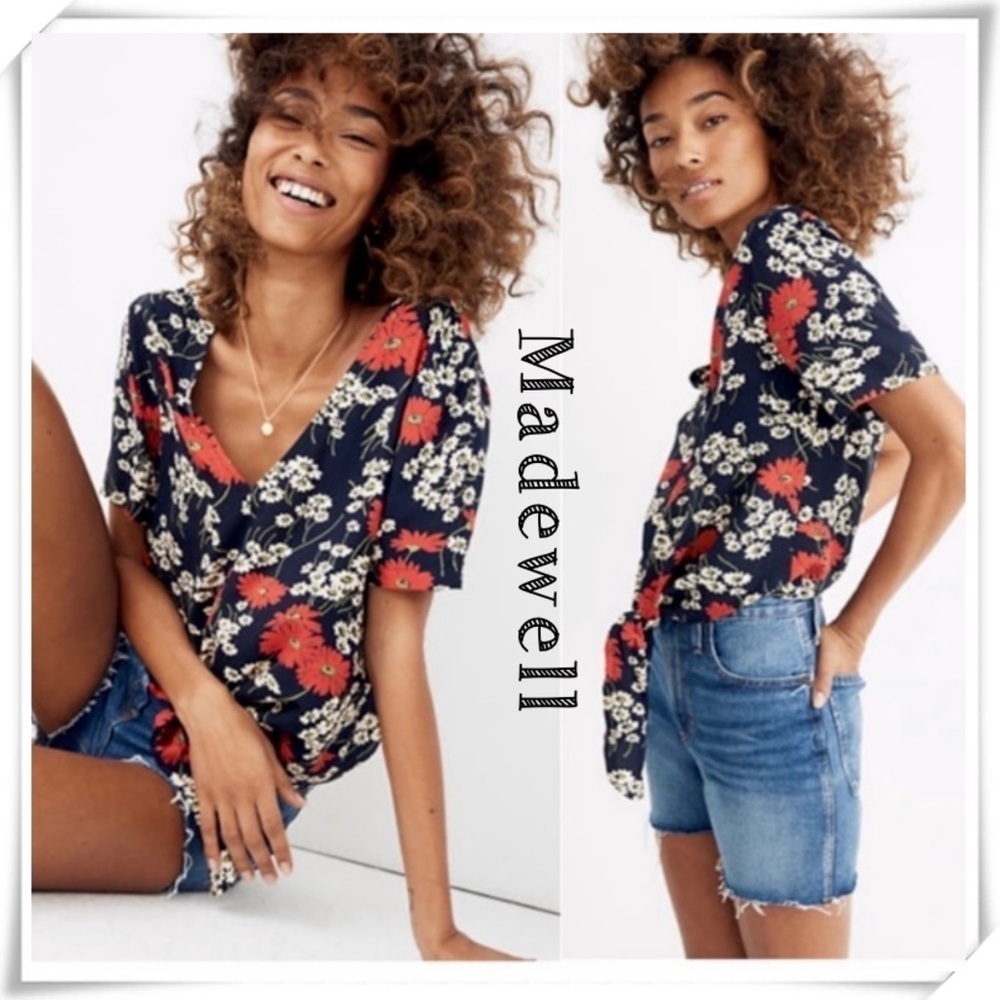 MADEWELL Hillside Daisies Floral Tie Front Deep Indigo Blouse Navy Size XS L1558